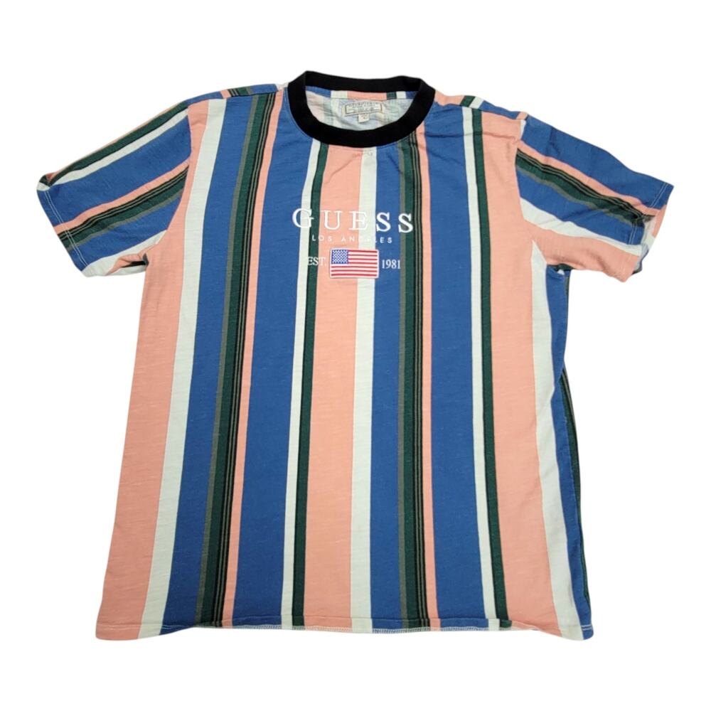 Guess Jeans Mens M Vertical Striped Shirt Los Angeles Flag Retro Crew Neck